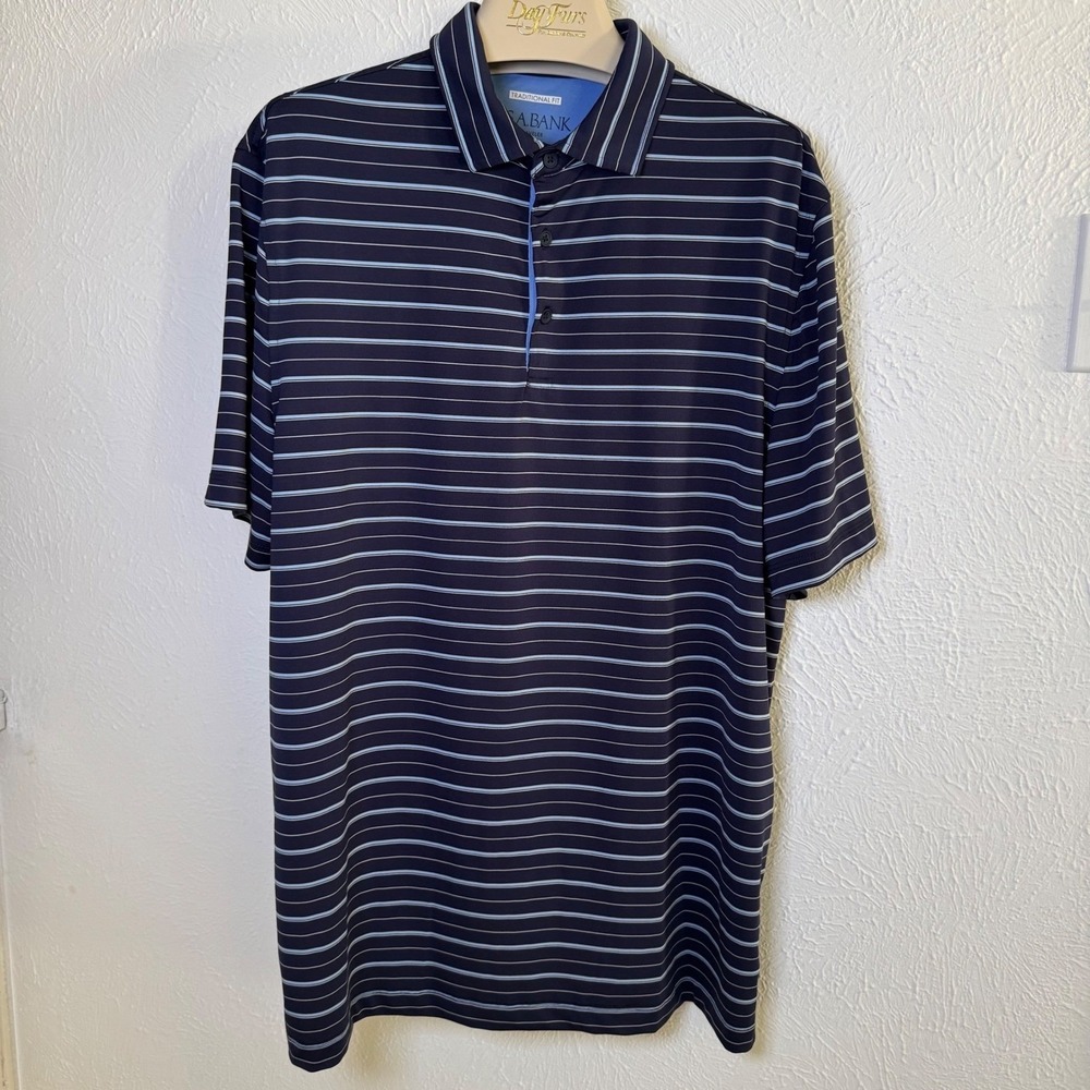 Jos A Bank Traveler Golf Polo Shirt Mens Navy Blue Stripe Traditional Fit Size M - Picture 3 of 8